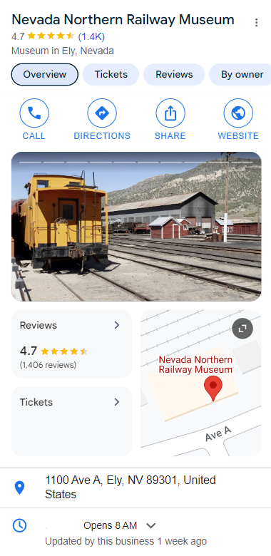 Northern Nevada Railway Museum Google Business Profile managed and optimized by Maslow Creative